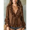 Fashion Loose V Neck Ruffle Long Sleeve Autumn Shirt For Women