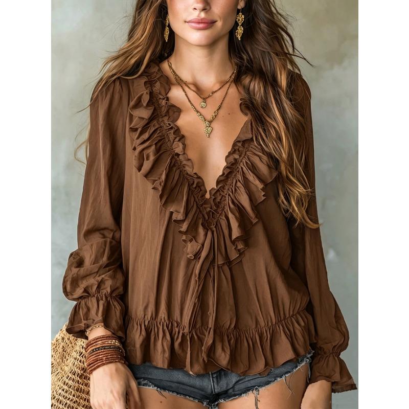 Fashion Loose V Neck Ruffle Long Sleeve Autumn Shirt For Women