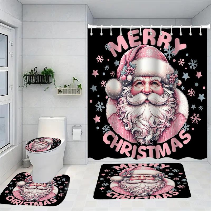 Merry Christmas Santa Claus Shower Curtain Bath Sets Non-Slip Bathroom Rug Toilet U With 12 Hooks bathroom decor and accessories