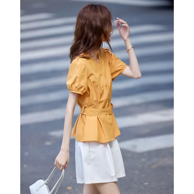 Women's French Style V-Neck Petal Hem Blouse