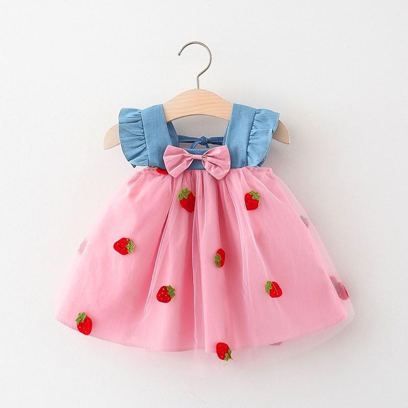 

2025 Summer Cherry Print Mesh Bow Denim Skirt - Korean Style Princess Skirt for Girls 80-110cm (Set of 4) земляничный/розовый