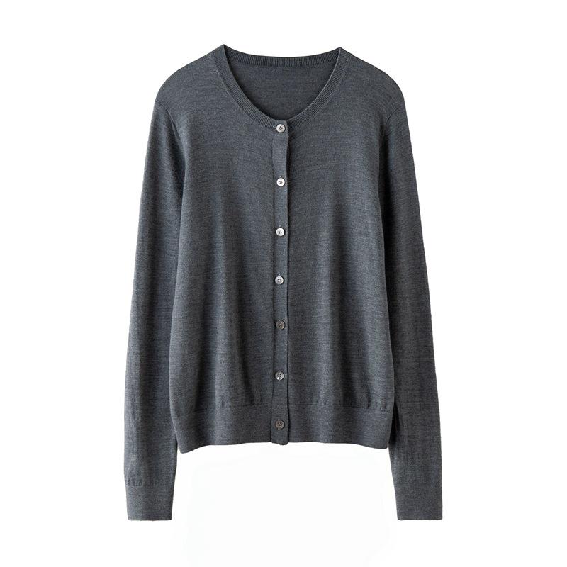 Women's Round Neck 100% Wool Knit Cardigan Sweater - Single-Breasted, Thin German Yangzi Yarn Design