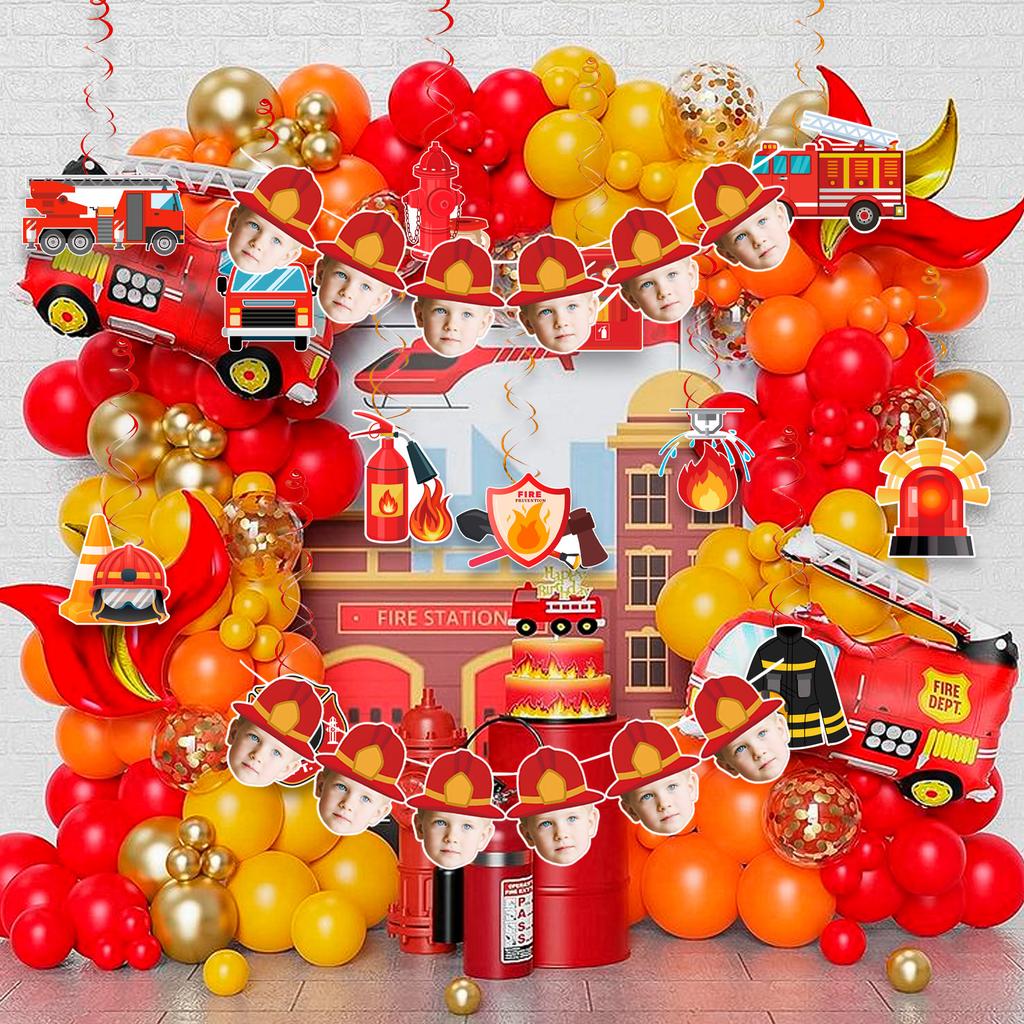 6 Stück/12 Stück Geburtstag Kundenspezifisches Feuerwehrhelm-Muster Porträt Banner Jungen- und Mädchen-Feierpartys Hintergrunddekoration