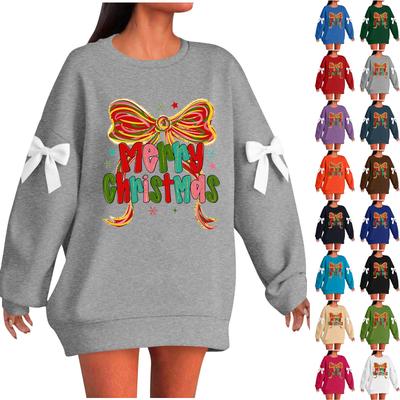 Ladies' Christmas Printed Bow Round Neck Long Sleeved Loose Pullover Sweater Sweatshirt Top