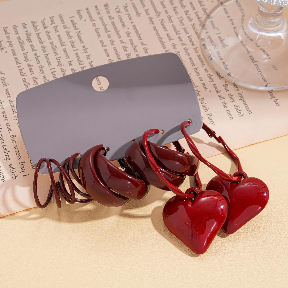 Six-piece set of dripping oil geometric round love silver needle earrings retro Hong Kong style niche earrings