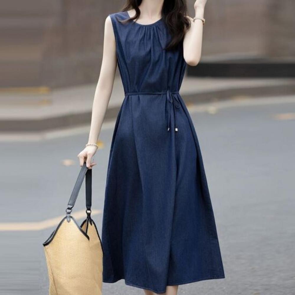 Navava Casual Waist Belt Shirring Round Neck Sleeveless Dress No980