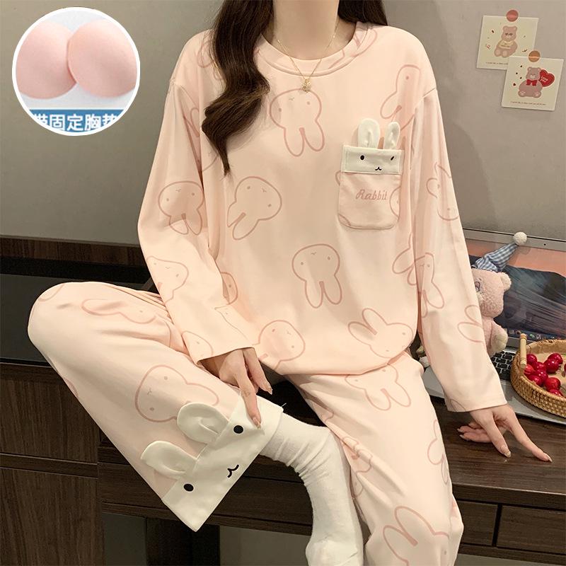 Women's Cute Polka Dot Pajama Set with Built-in Bra, Long Sleeve, Versatile for Indoor & Outdoor Wear - Spring/Autumn 2026 Collection