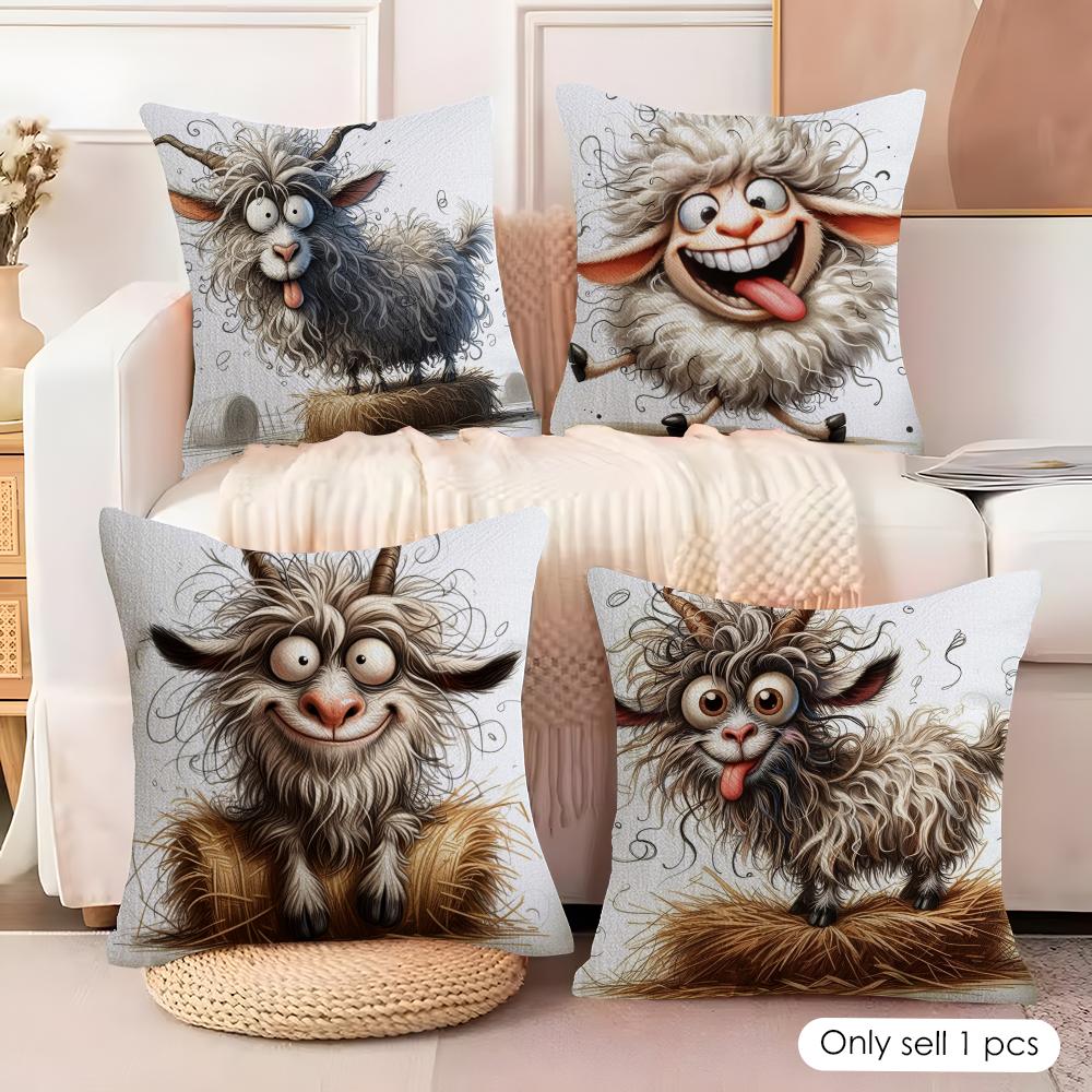 Spooky Goat Face Cushion Cover Natural Linen Organic Fabric DoubleSided Printing Couch Pillow Covers Home Decor Gift