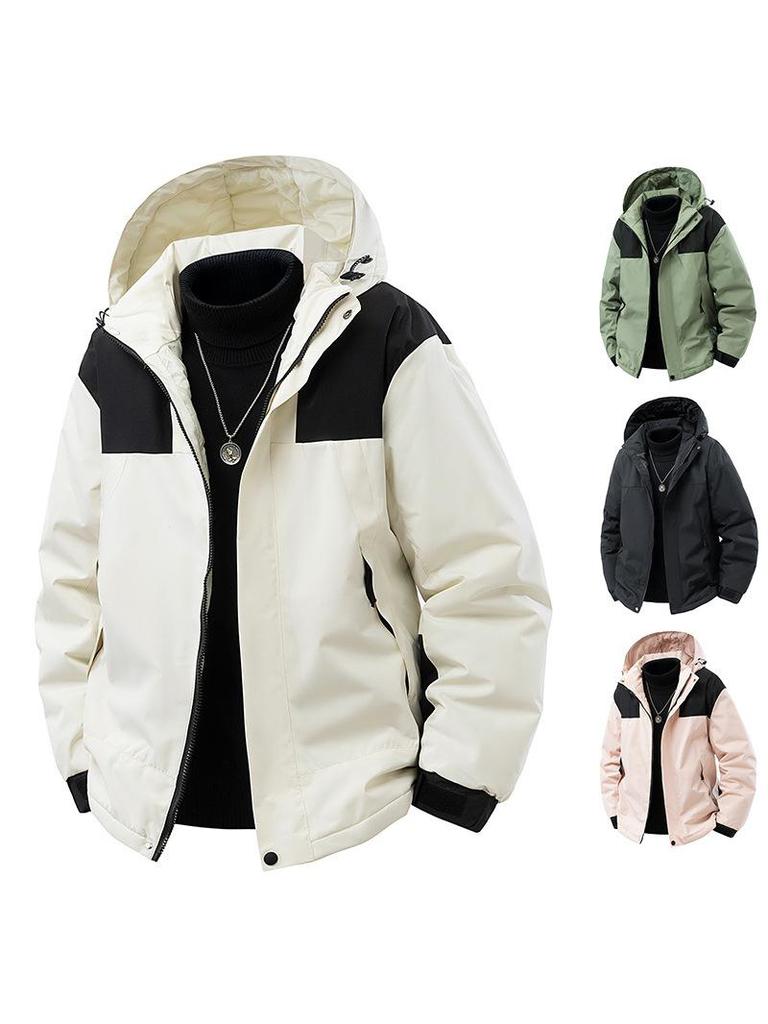 Men's 2025 Winter Color Block Windproof Hooded Cotton Jacket