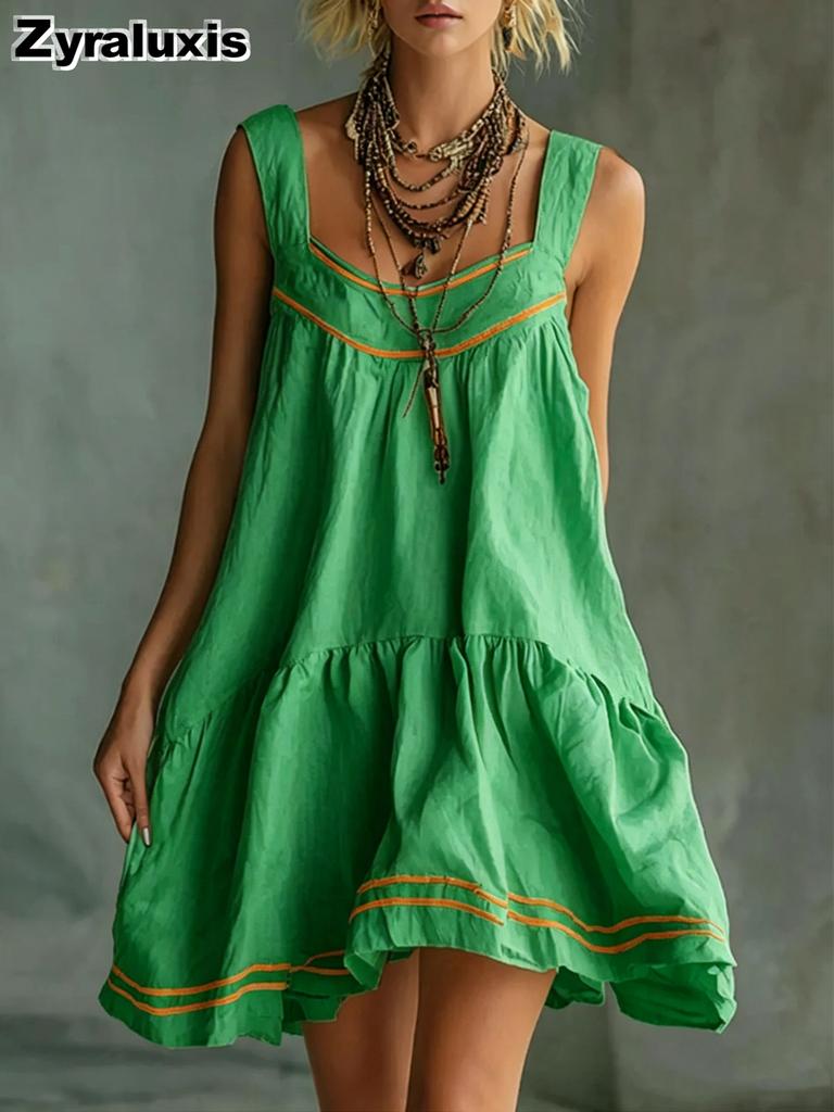 Neues Retro Lässiges Mode Gepresste Blume Bequem Einfarbige Baumwolle Leinen Mini Trägerkleid