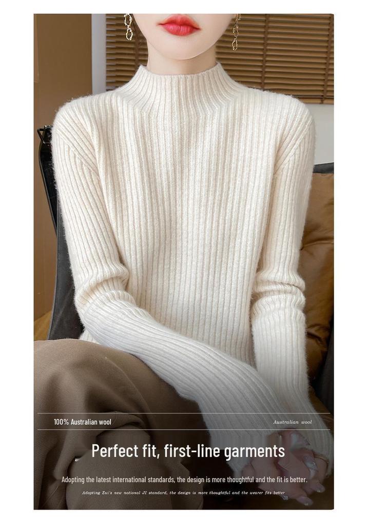 Women's Cashmere Striped Slimming Knit Sweater - Half-High Neck Autumn/Winter Base Layer