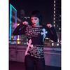 TrendHub Y2K Millennium Gothic Cross Chain Faded Print Long Sleeve Base Shirt Bottom Script Text Rivet Cuff Tee