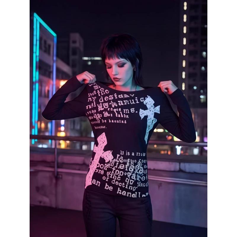 TrendHub Y2K Millennium Gothic Cross Chain Faded Print Long Sleeve Base Shirt Bottom Script Text Rivet Cuff Tee