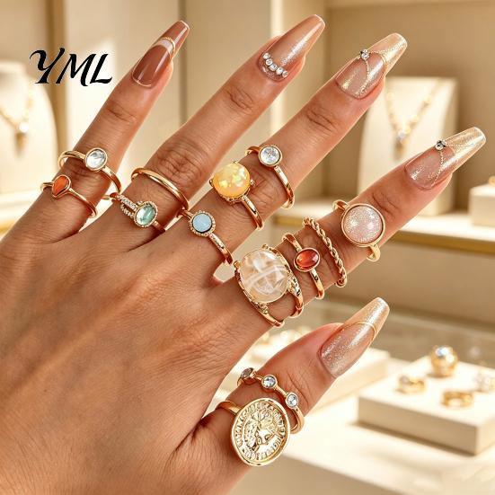 Colorful Crystal Ring Set 13Pcs Gold Plated with Gemstone Embellishments, Fashion Minimalist Accessories Stackable Rings for Women, Trendy Jewelry