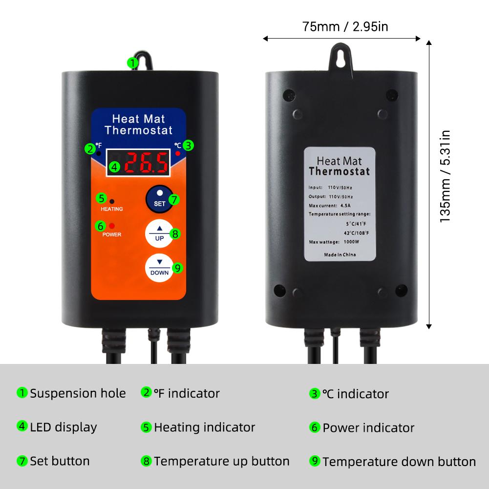 Digitale Verwarmingsmat Thermostaat 1000W 41 tot 108 Fahrenheit Temperatuurregelaar met LED-display voor Zaailingen Hydroponische Ontkieming Reptielen Fermenta