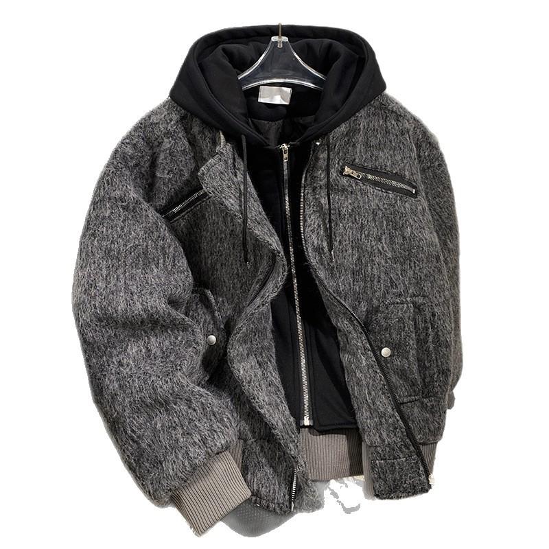 Men's Hooded Woolen Coat: Trendy American Style, Fake Two-Piece, Cool Scoundrel Vibe for Spring, Autumn, and Winter