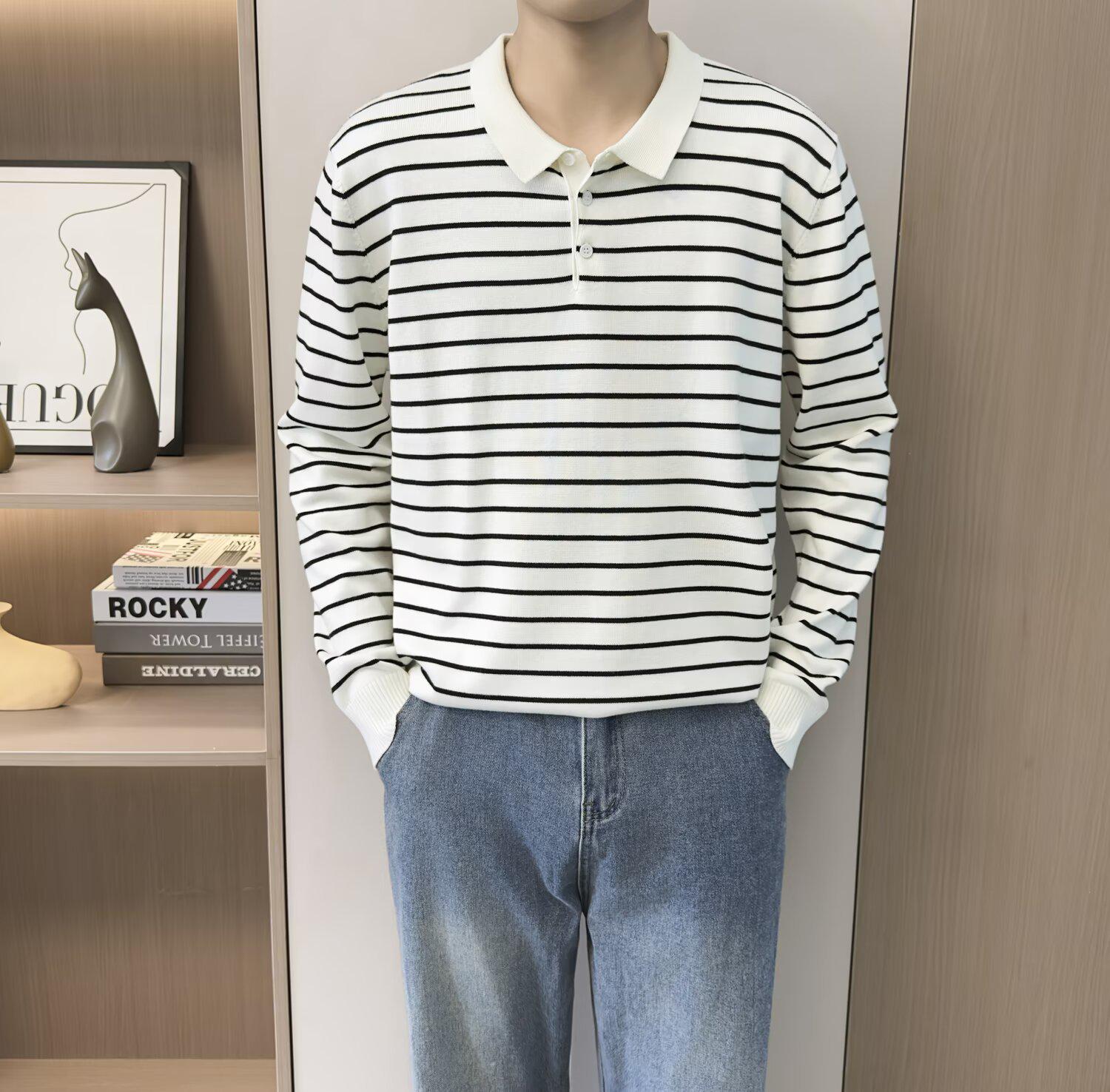 

Men s Slim Fit Striped Knit Polo - Long Sleeve, Trendy, for Spring and Autumn Medium