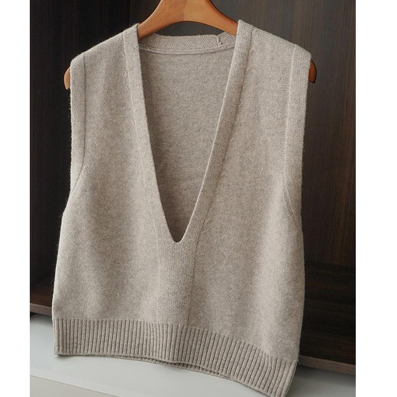 Colete Tricotado Primavera Verão Feminino Gola V Sem Mangas Pulôver Moda Solto Fino Peça Externa Outono Inverno