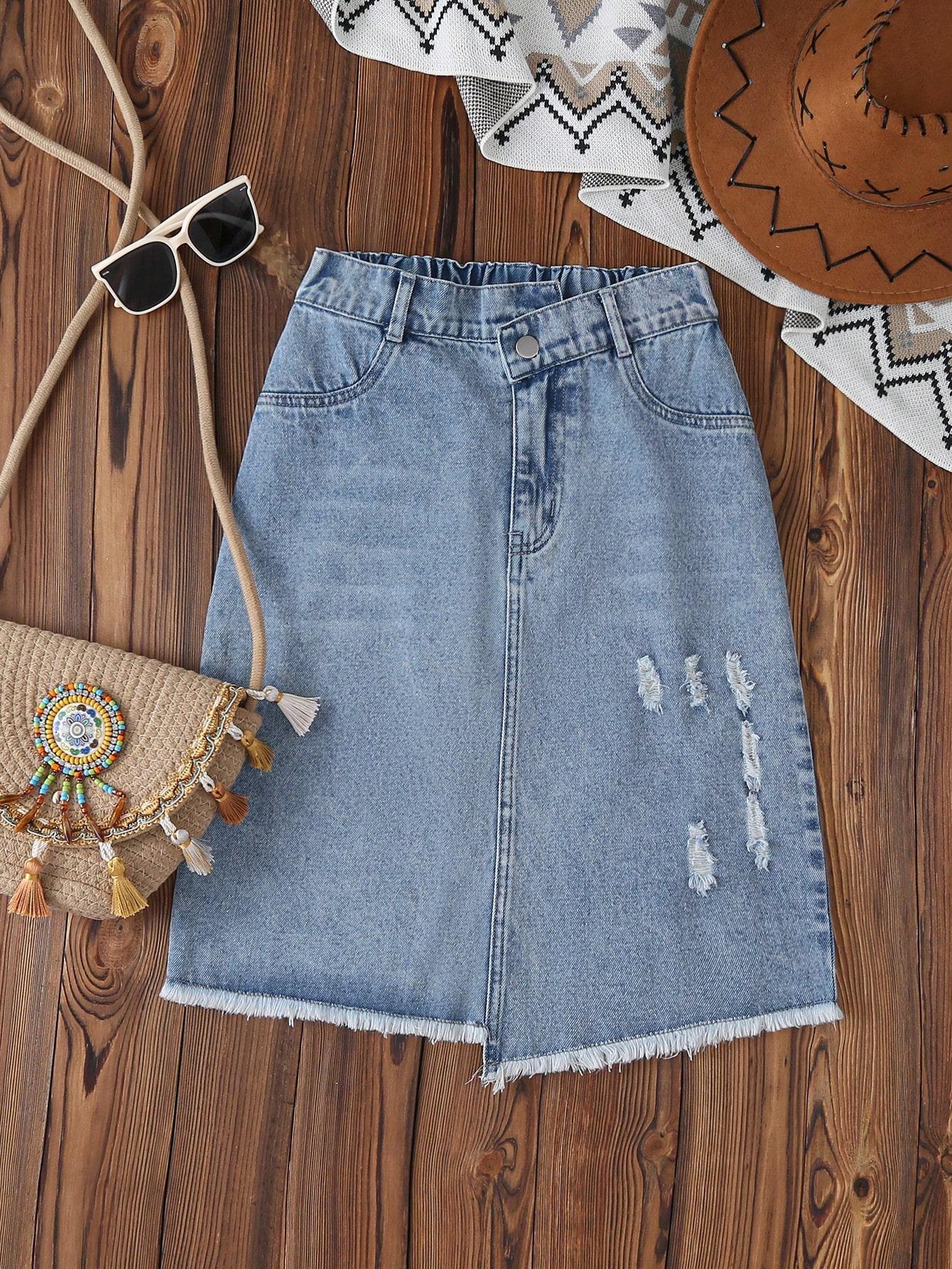 Single-piece fashionable, simple, retro ripped denim skirt for older girls, new spring/summer style. 8Y средний синий
