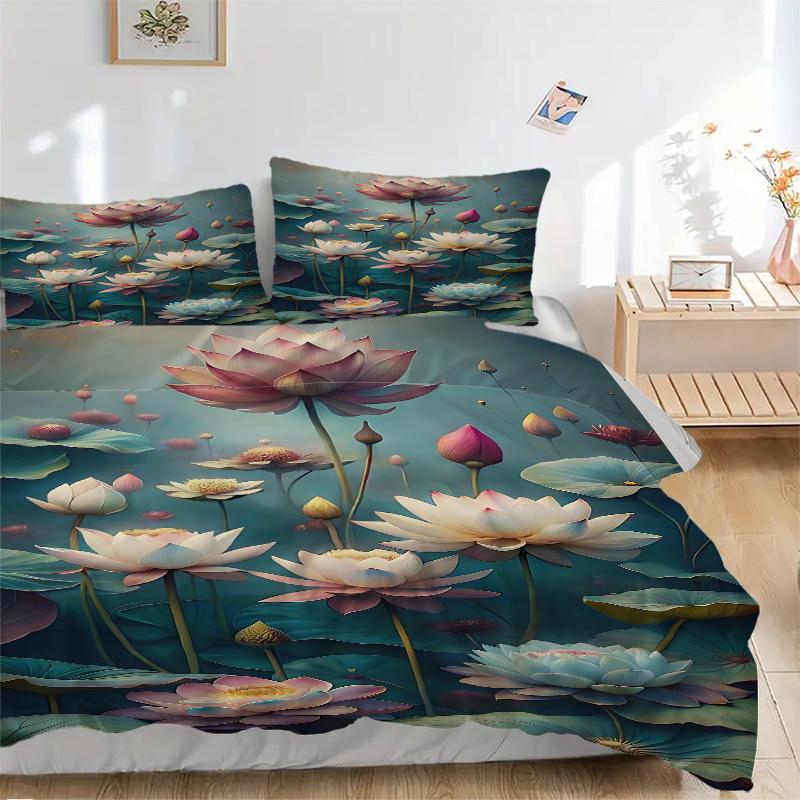 3pcs Lotus Pond Soft Comfortable Bedding set, For Bedroom, Guest Room And Dorm, All - Season Use, High-Definition Printing149
