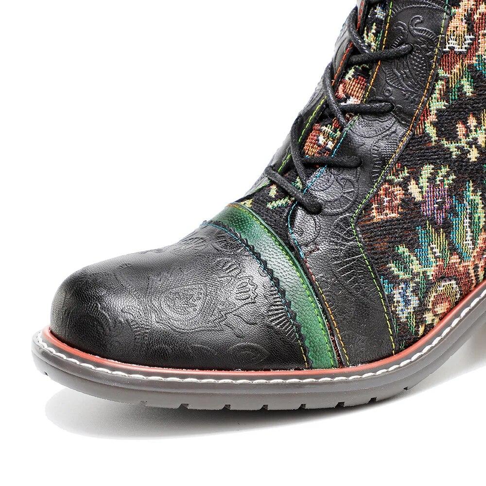 Johnature Botas largas de cuero genuino para mujer, zapatos hechos a mano con estampado Retro, Color a juego, con cordones, hasta media pantorrilla