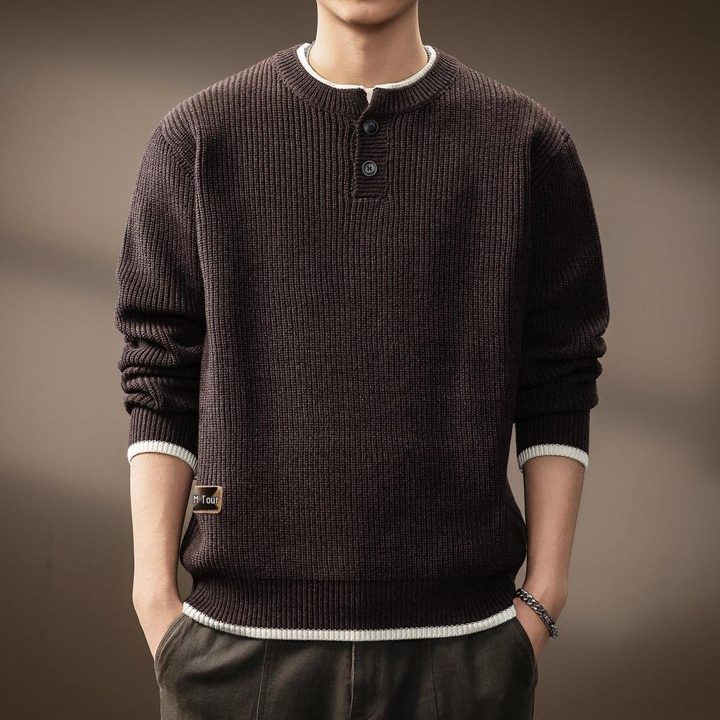 Men's Retro Two-Piece Look Color Block Ribbed Knit Sweater, Autumn Winter Casual Loose Henley Collar.
