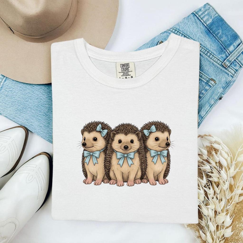 Hedgehog Trio Shirt Easter Animal Gift Women Hand Drawn Tee Hedgehogs T-Shirt Easter Fan Illustrated Tshirt Creature Graphic Vintage Blue