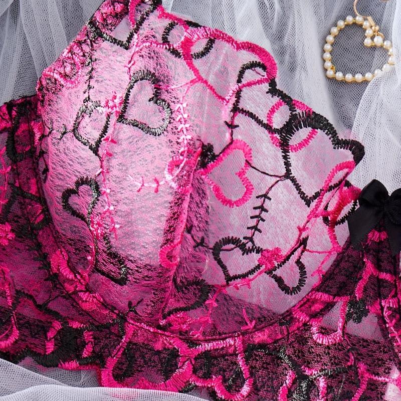 New Love Embroidery Sweet Sexy Mesh Bra Sex Underwear Set