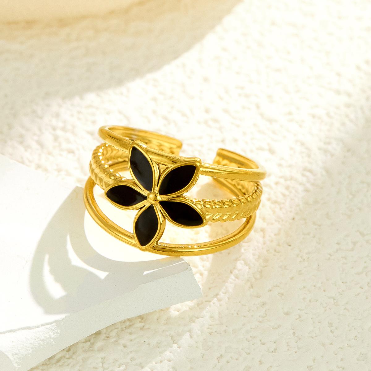 

Retro Stainless Steel Rings Women Dripping Oil Flower Open Adjustable Rings Stylish Non-Fading Banquet Prom Party Zircon Gifts