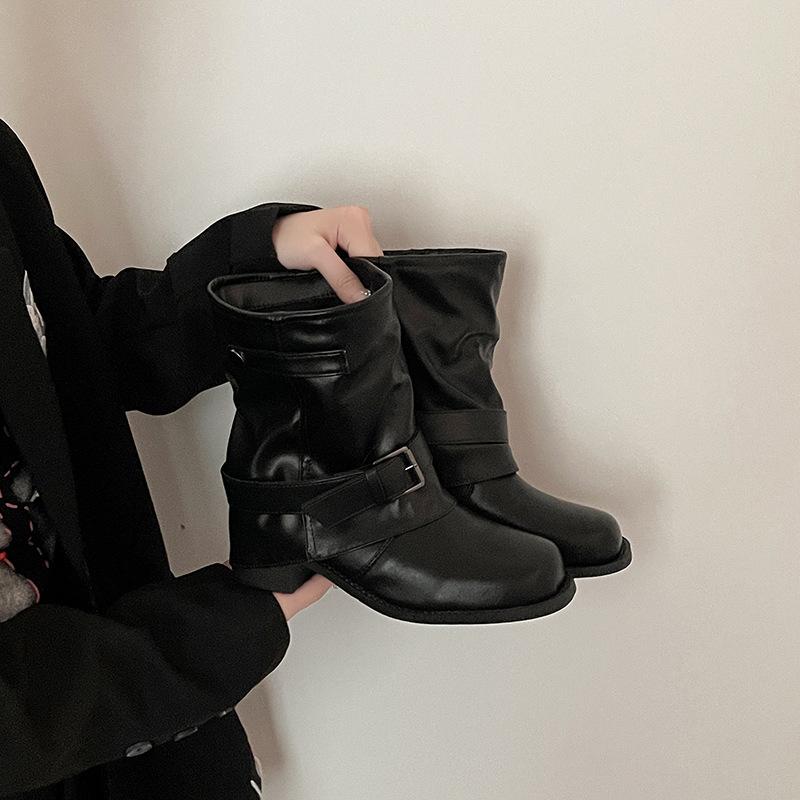 Fashion Versatile Pleated Square Head Thick Heel Martin Boots Women's Autumn and Winter New Belt Buckle Heightened and Thin Women's Boots