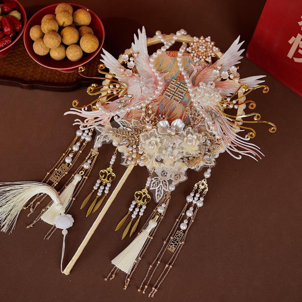 Phoenix Embroidery Bridal Fan DIY Kit: Double-Sided Chinese Style with Fireworks Pattern