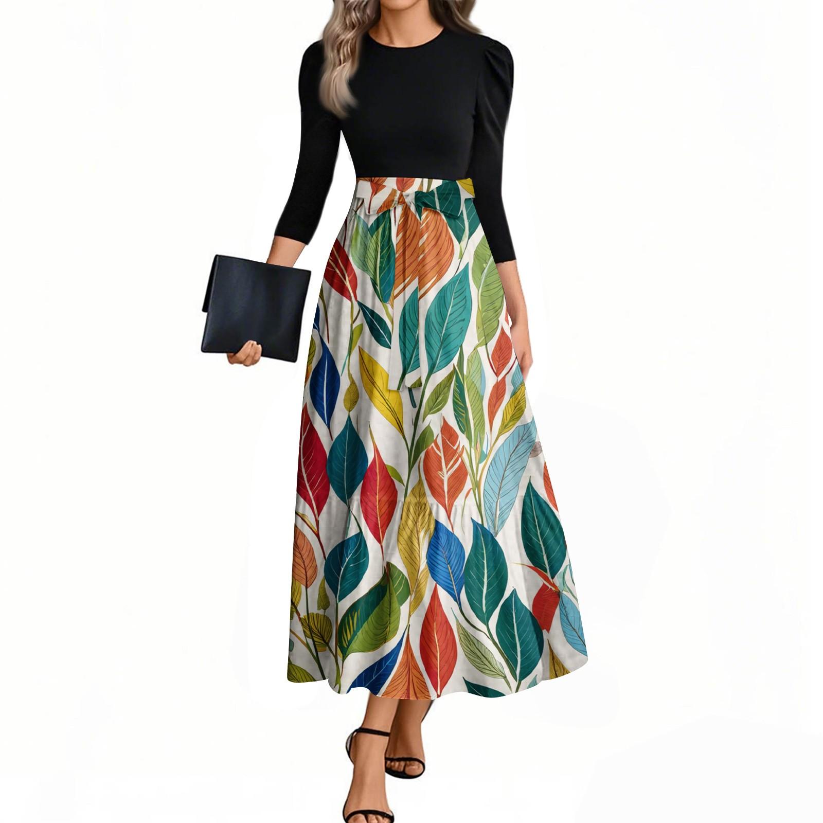 

Women s Fashion Casual Belted Three-quarter Sleeve Round Neck Floral Printed Elegant Temperament Dresses M