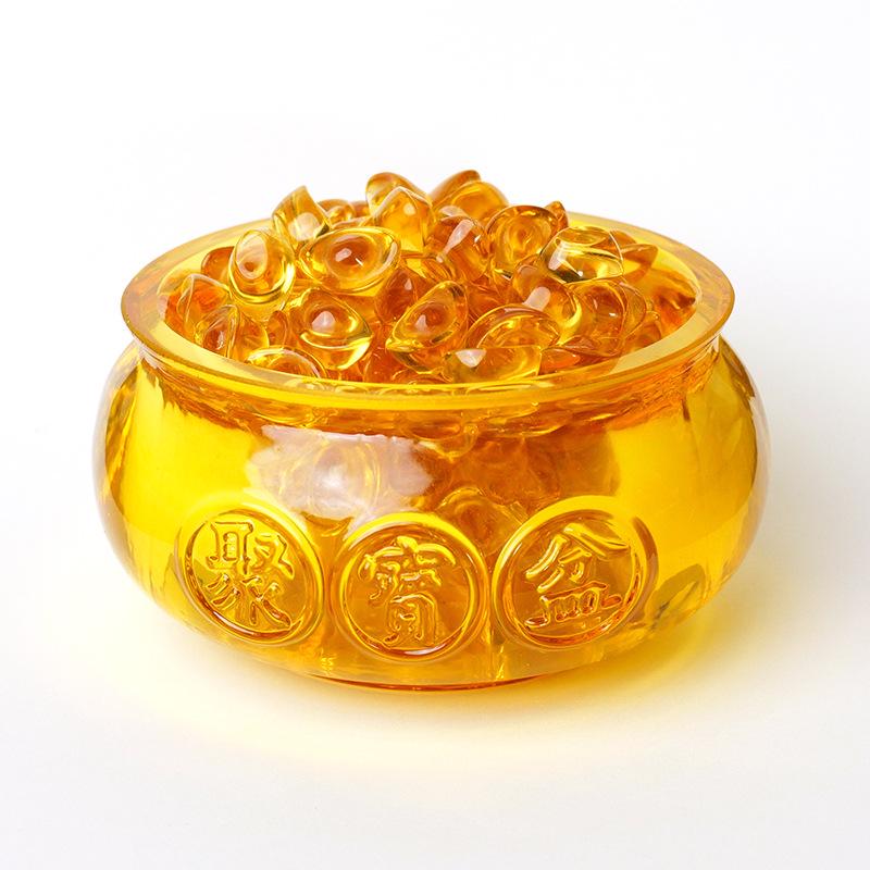 Citrine Feng Shui Treasure Pot with Gold Ingot and Multicolor Money Bag - Gift for New Beginnings