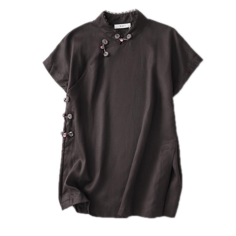 2025 Summer Women's Dark Coffee Chinese Style Short Sleeve Shirt