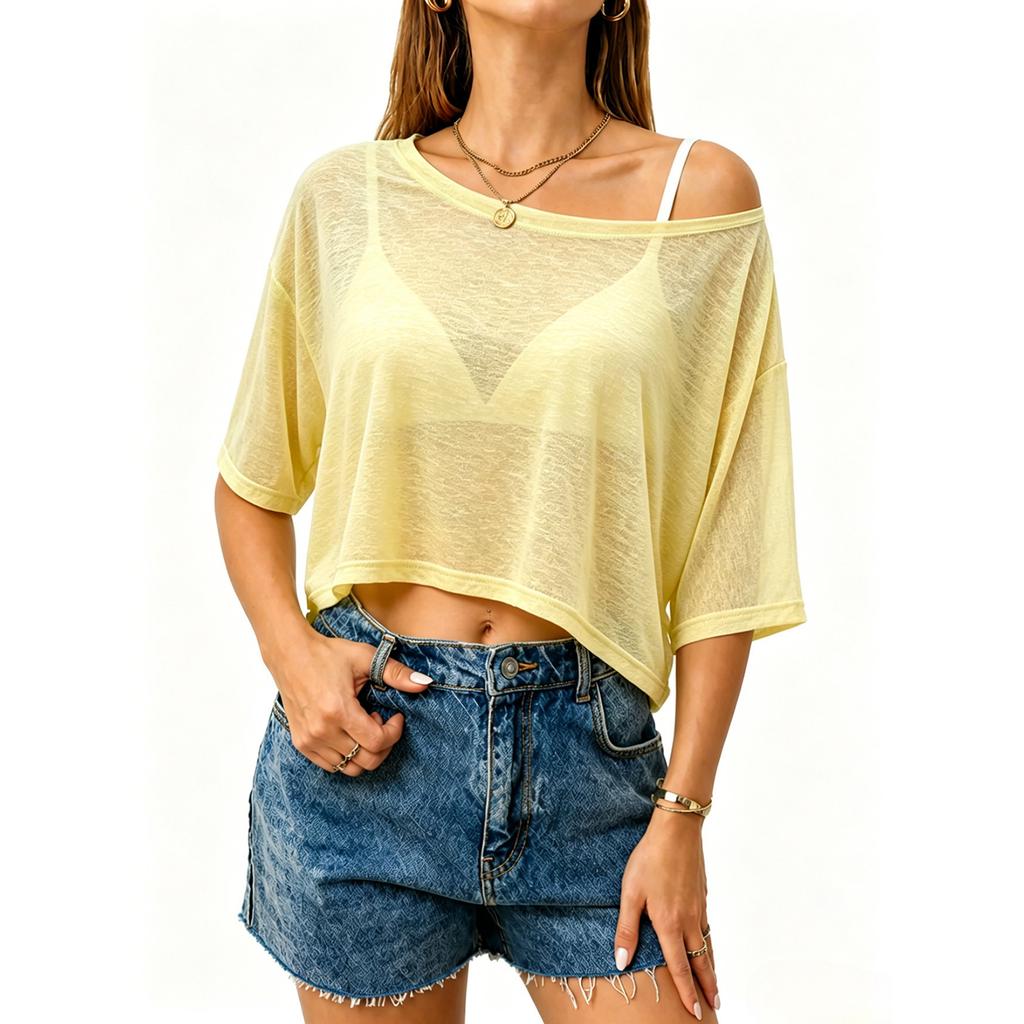 Women Casual Sheer Mesh Off Shoulder Crop Top Short Sleeve Loose Fit Pullover Beach Cover Up T Shirt