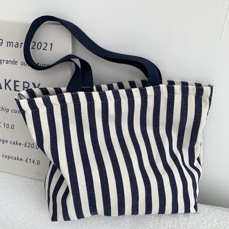 1Pcs Female Daily Shopping Bags Simple Striped Women'S Canvas Casual Shoulder Bags Fashion Large Capacity Ladies Tote Handbags