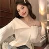 Korean Style Off-Shoulder Knit Cardigan - Women's Autumn/Winter Slim Fit Sweater with Turn-Down Collar
