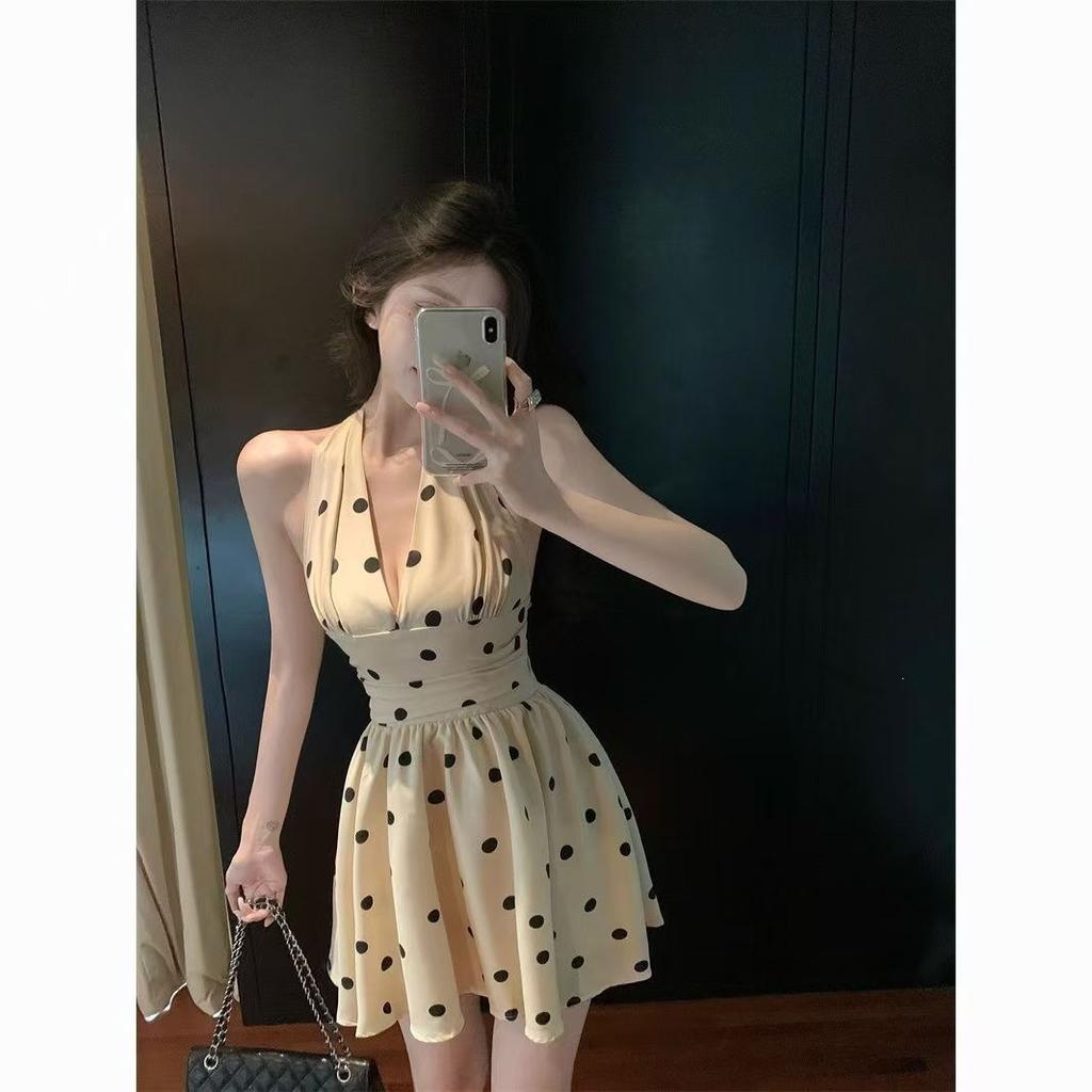 Bow Strap Backless Polka Dot Neck Dress Summer New Sweet and Spicy Waist and Thin Temperament a Word Short Skirt