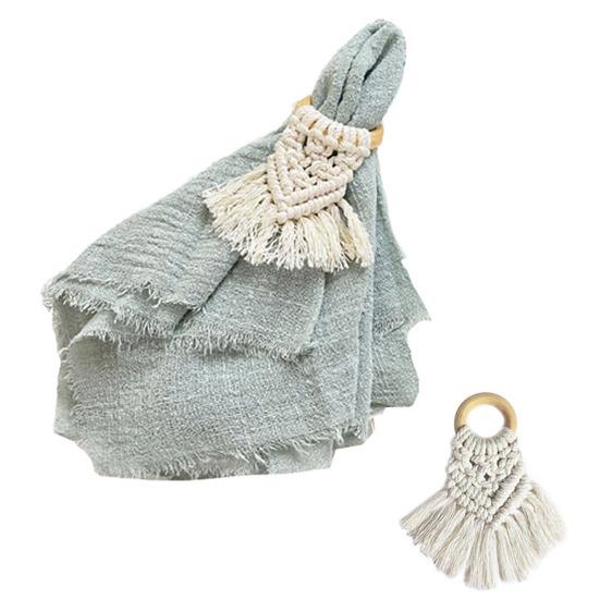 Napkin Ring Boho Style Cotton Rope Solid Wood Ring Tassel Decor Dinner Ring Handwoven Table Decoration