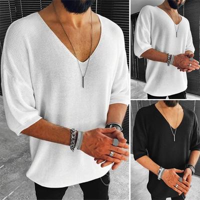 Summer Men T-shirt Knitted V Neck Half Sleeves Pure Color Loose Pullover Elastic Casual Mid Length Daily Sport Top Knitwear