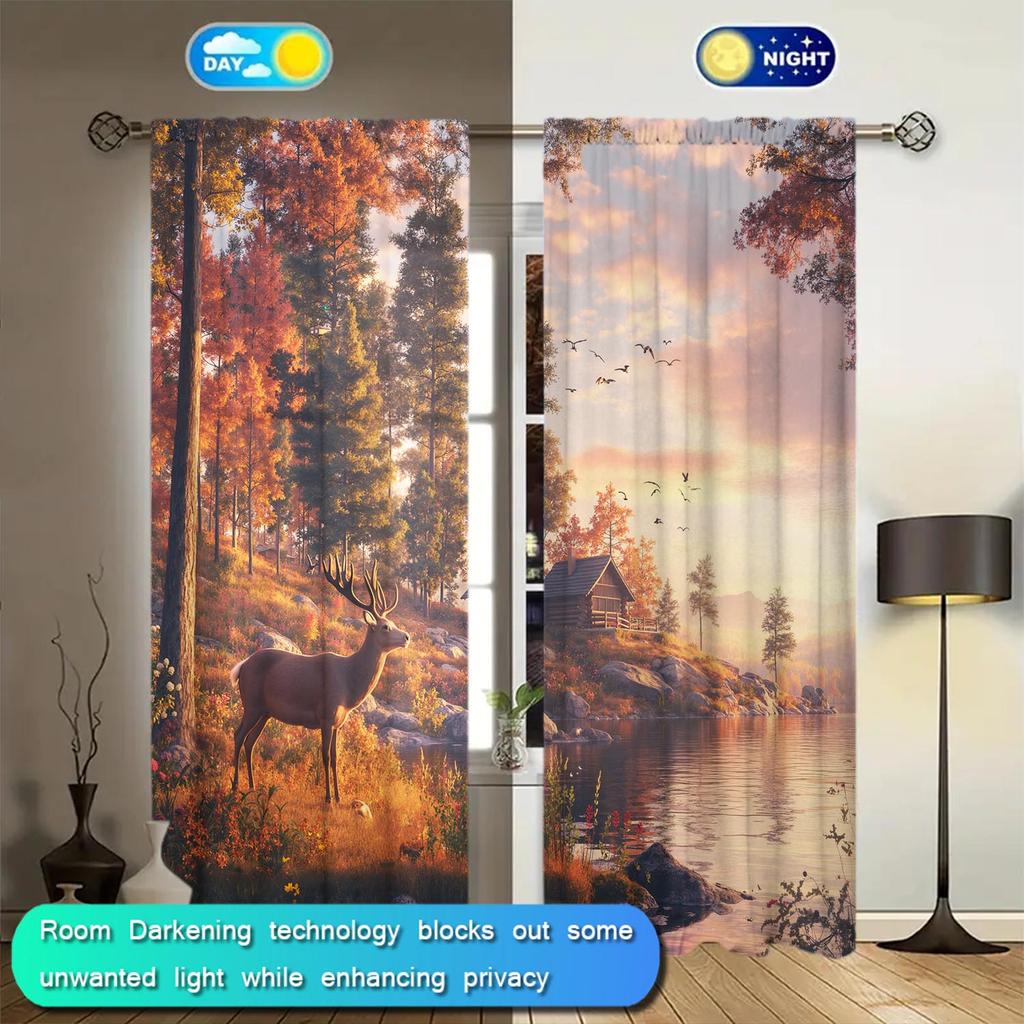 2 Panels Autumn Forest Deer Pattern Window Curtains   Half Blackout Suitable for Artistic Home Decorative Curtains