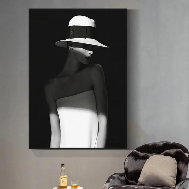 Modern Black and White Sexy Smoking Women with Red Lip Hat Print Art Canvas Poster for Living Room Decoration Home Wall Decor