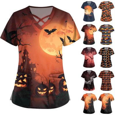 Damenmode V-Ausschnitt Kurzarm Overalls Doppeltasche Halloween Aufdruck Oberteile Bekleidung