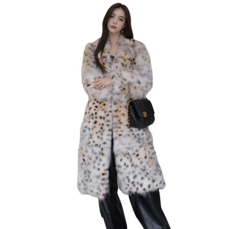 Autumn and winter fox fur jacket plus long over-knee leopard print tie-dyed suit collar coat for women