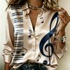 Women Satin Long Sleeve Shirt Music Note Print Blouse Lapel Single Breasted Loose Office Tops