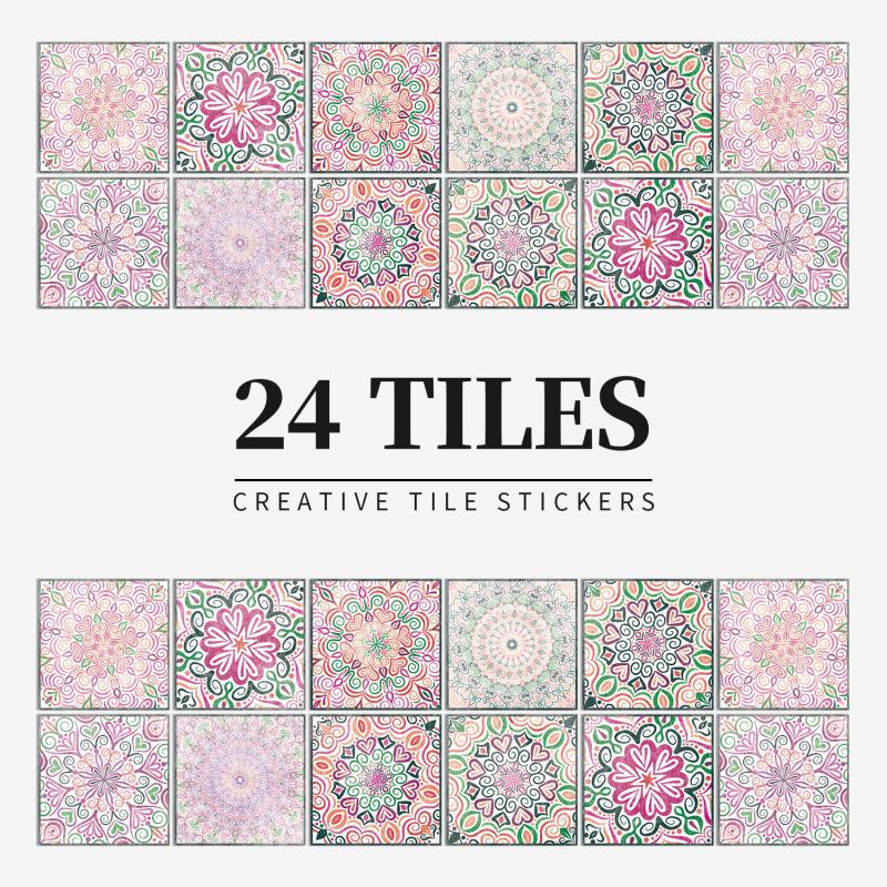 24 European Mandala Flower Tile Stickers: Waterproof, Self-Adhesive PVC for Kitchen & Bathroom Walls