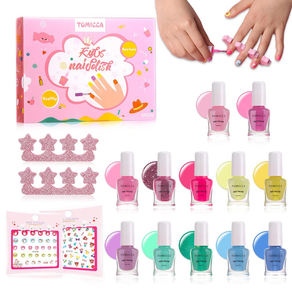 TOMICCA Nail Nail Nail Nail Polish and Makeup Set for Birthday Gift for Girls Kids' Polish, Peel-Off Polish, Water-Soluble Polish, 12-Color Set, Kids,