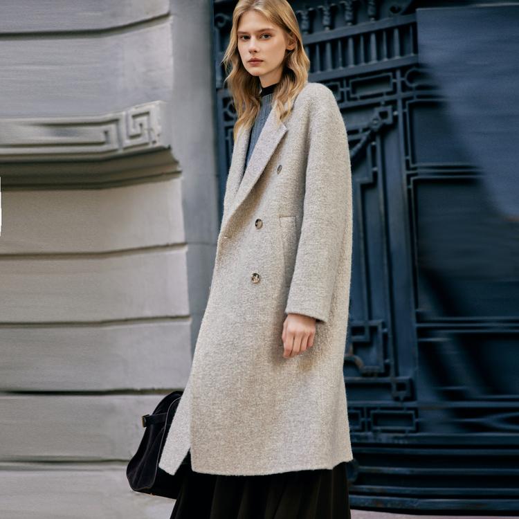 ELLE French Style Elegant Warm Mid-Length Solid Color Double-Breasted Coat Women Coats Beige EN49945