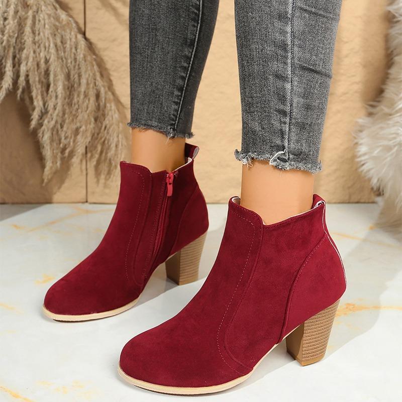 Autumn and Winter New Round Toe Solid Color High Heel Short Tube Side Zipper Fashion Boots Women