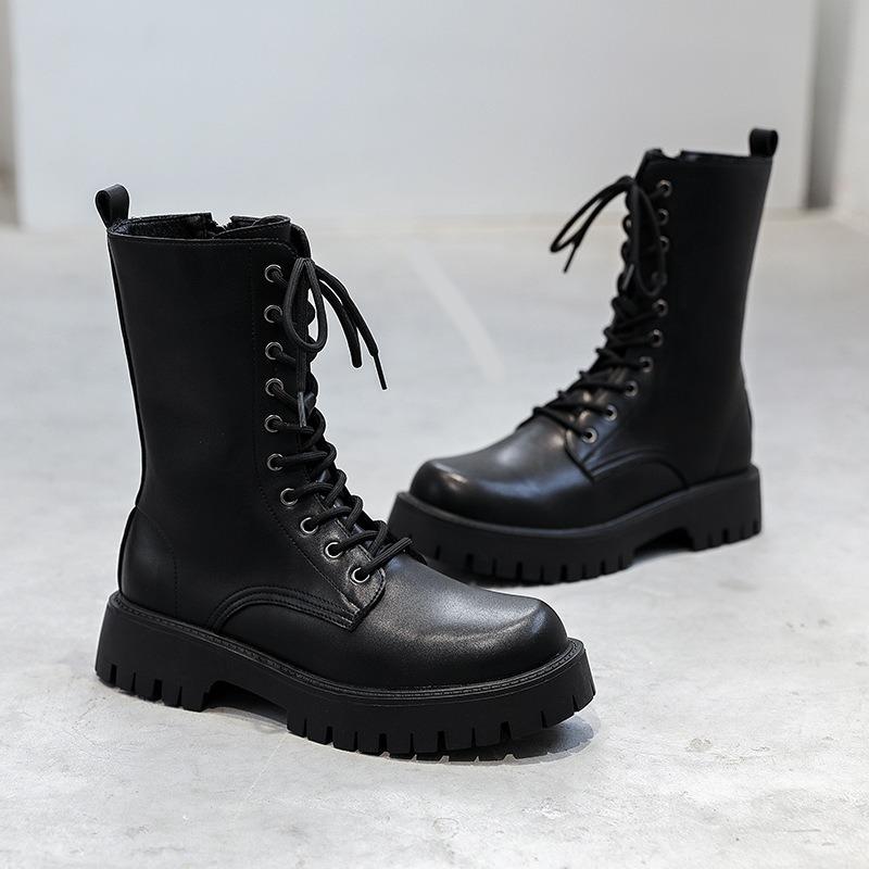 New Men's High-top Boots Punk Style Motorcycle Boots Classic Black Casual Leather Boot Lace Up Mid-Calf Platform Boots Botas
